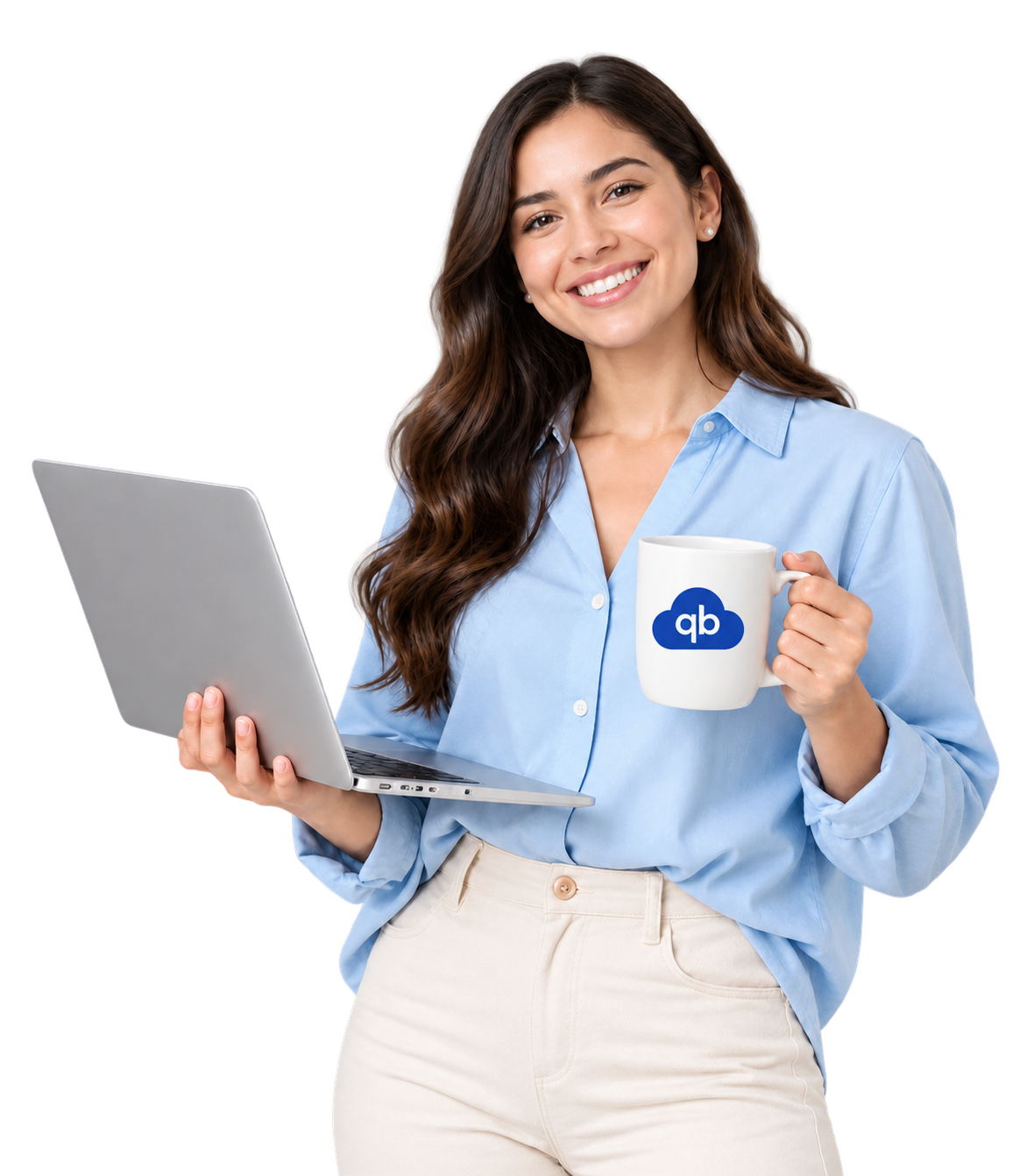 Woman holding a laptop and a QBClouds mug